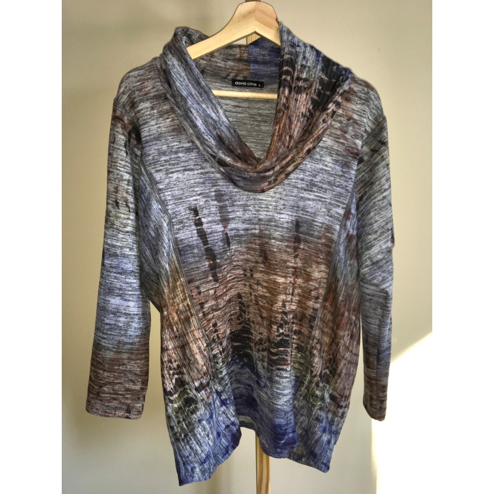 David Cline Cowl Neck Long Sleeve Abstract Print Tunic Top Womens Size L